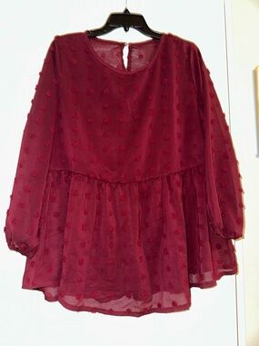 Amazon Burgundy Swiss Dot Peplum Blouse